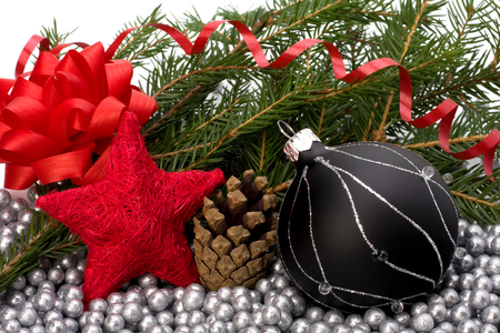 Christmas decoration - pretty, star, elegantly, photo, holiday, red, ribbon, merry christmas, nice, delicate, ball, happy new year, beautiful, balls, photography, christmas decoration, beauty, colors, lovely, cool, still life, harmony, christmas, black, gray, cone