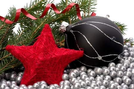 Merry Christmas!!! - nice, beauty, photography, delicate, christmas decoration, still life, black, balls, pretty, cool, holiday, ribbon, harmony, ball, lovely, christmas, happy new year, star, merry christmas, red, beautiful, colors, photo, elegantly