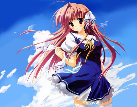 Tsukimura Miki - sky, hot, ribbons, eyes, hair, brown, yellow, clouds, anime, ribbon, cute, sexy, background, girl, school, wallpaper, hd, red, blue, pink, uniform, blush