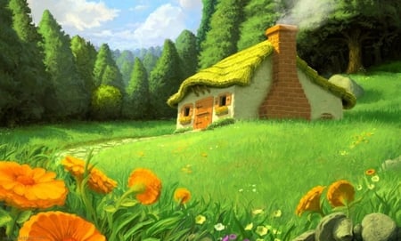 Art - field, flowers, house, grass