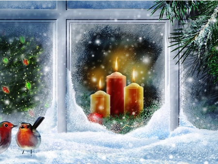 Christmas - ice, birds, winter, decoration, snow, candles