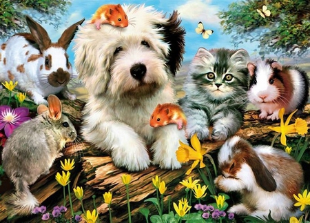 By Howard Robinson - dog, mouse, flower, bunny, cat, animal, howard robinson, kitten, painting, puppy, art