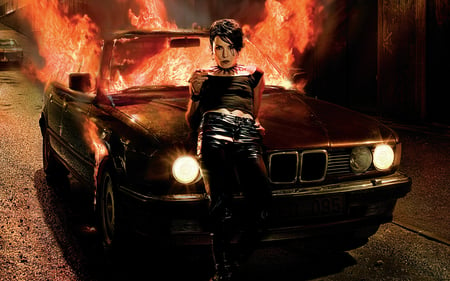 Babe on Fire car - vehicle, cgi, car, gothic, fantasy, fire