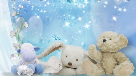 Soft and Fluffy - soft, baby, flowers, toys, blue, rabbit, teddy bear, plush, firefox persona, hippo, bunny, curtain