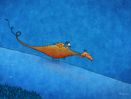 Alice and Her Dragon Skiing - fun, girl, snow, winter, dragon, christmas