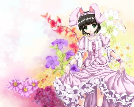 Yune - girl, yune, bunny, petal, kawaii, anime, short hair, cute, flower, dress