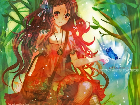 Fairy - sexy, girl, brown hair, forest, red, anime, flowers, cute, dress