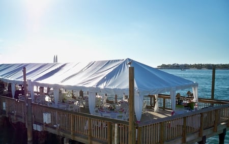 Restaurant on the shore - white, sky, restaurant, tent, cruise, oceans, photography, blue