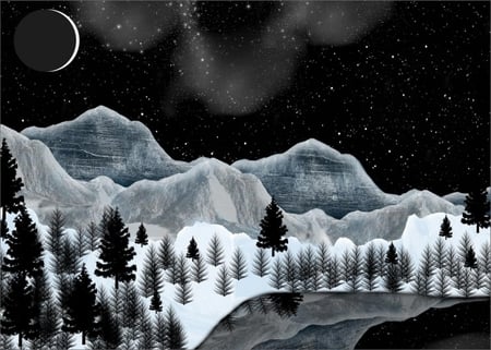 A COLD WINTER'S NIGHT - moon, sky, stars, trees, winter, night, mountains, cold, snow