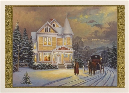 WINTER SNOWFALL - carriage, house, trees, winter, snow, horse, christmas, holiday, friends