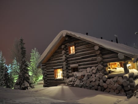 Winter cabin - winter, night, cabin, tree, christmas