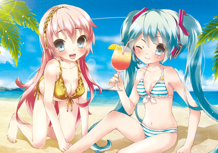 Megurine Luka & Hatsune Miku - virtual, blush, miku, digital, two piece, vocaloids, song, microphone, megurine, bikini, gold, singer, megurine luka, cool, headphones, awesome, vocaloid, thighhighs, yellow, anime, twintail, blue, sand, cg, stunning, aqua hair, swimsuit, hatsune, black, cute, beautiful, beach, hot, amazing, ocean, girl, anime girl, white, pink hair, luka, tree, tropical, program, aqua eyes, drink, artistic, pretty, water, aqua, thigh highs, beauty, art, diva, twin tail, nice, sexy, idol, headset, sea, music, hatsune miku