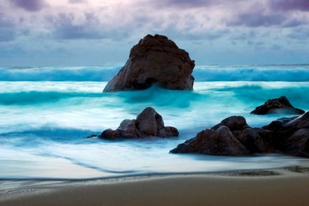 Blue Dream Of The Beach - beach, wave, blue, rocks