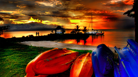 Nice View - beach, orange, sampan, sunset