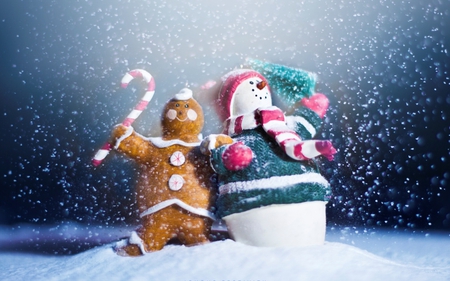 xmas buddies - christmas, snowman, winter, holiday, gingerbread man, cute, snow