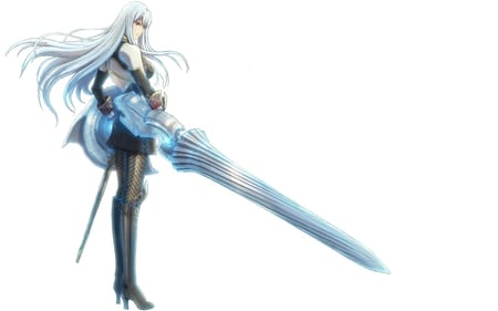 Selvaria Bles - anime girl, white background, boots, sword, weapons, cool, long hair, white hair, red eyes, short skirt, high heels, knee highs, selvaria bles, video games, valkyrie chronicles, shield