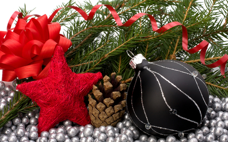 classy christmas - photography, black, christmas, balls, star, bow, red, decorations, holiday, ribbon, ornaments