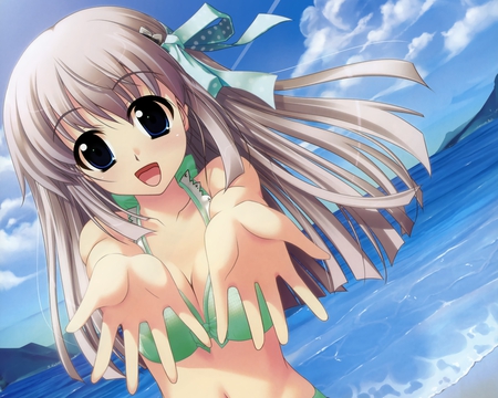 Kaoruko Livingstone - sky, beach, hot, hair, eyes, ribbons, water, white, cloud, dark, clouds, anime, green, ribbon, cute, sexy, background, girl, cyan, wallpaper, wave, waves, hd, blue, bikini, sea, blonde, happy