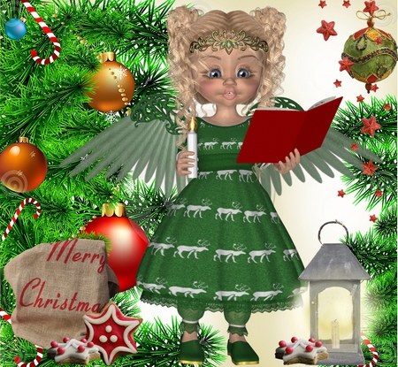 Angel in Green - tree, x-mas, angel, christmas