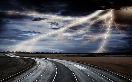 Lightning. - storm, cloud, road, weather, field, lightning, sky