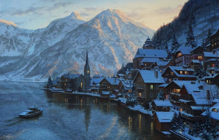 Eugeny Lushpin - Hallstatt - lushpin, photography, mountains, painting, eugeny, chapel, hallstatt, boat, lake, houses, travel, mountain, eugene lushpin, salzburg, village, town, alps, eugeny lushpin, austria