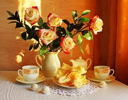 Still life - coffee, cups, roses, still life, vase, nature, beautiful, color, flowers