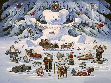 christmas-teddy-and-friends - bear, animals, winter, deer, christmas, nature, december, snow, tree