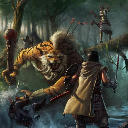 Battle - battle, forest, river, monster, warriors, wallpaper