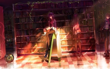 Makise Kurisu - library, makise kurisu, female, steins gate, robot, fantasy, headphones, anime, books