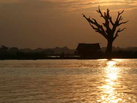 house on the lake - lake, house, sunset, dawn