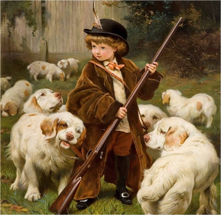 Shepherd - sheep, painting, art, boy, dog