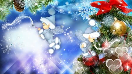 Making Christmas Bright - winter, snow, stars, firefox persona, pixies, tree, christmas, elfs, feliz navidad, dust, bright, ribbon, frost, hearts