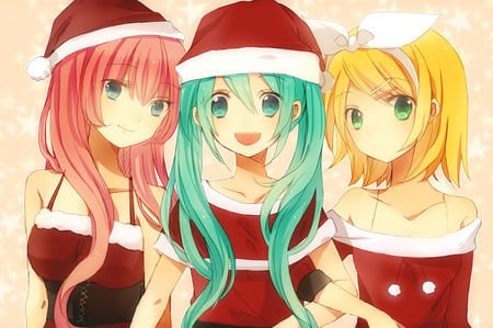 Christmas! ^__^ - hat, dress, hatsune miku, merry, christmas, santa, kagamine rin, white, red, megurine luka