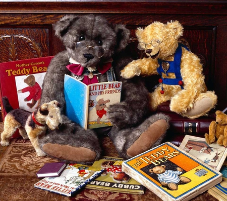 Teddy bears reading. - book, reading, teddy bear, dog