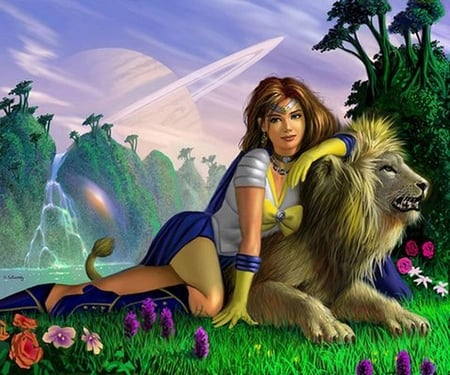 Girl with lion - animal, nature, girl, lion, art