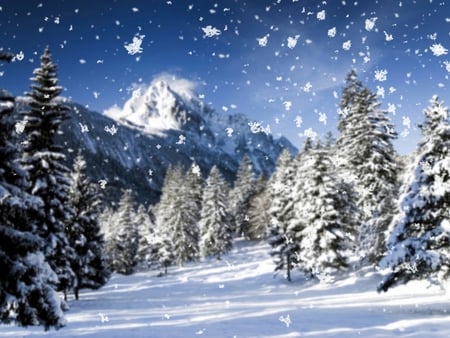 Winter Landscape - trees, snow flakes, forest, snow, winter, mountains