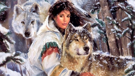 Between friends - beauty, indian, native, animals, colorful, wolves, painting, amazing, view, girl, winter, dream, lovely, wolf, nature, maija, beautiful, splendor, colors, misty