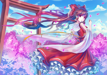 Hakurei Reimu - female, long hair, hakurei reimu, red eyes, touhou, cherry blossom, miko, shrine, anime, japanese clothes