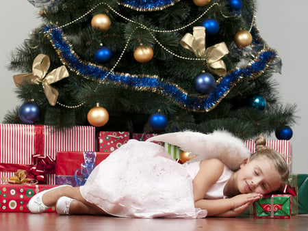 Angel waiting for Santa - girl, angel, waiting, christmas, christmas tree, santa, globes, gifts, ornaments