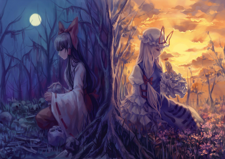 Kurayami x Hikari - skull, moon, trees, female, light, hakurei reimu, miko, touhou, dark, anime, flowers, japanese clothes, dress, yakumo yukari