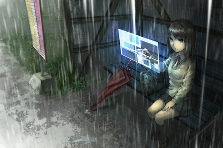 Waiting - screen, girl, female, sign, seat, waiting, raining, school uniform, bus stop, futuristic, holograph, umbrella, anime, school girl