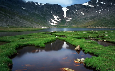 Glaciar Lake - lake, grass, mountain, glaciar