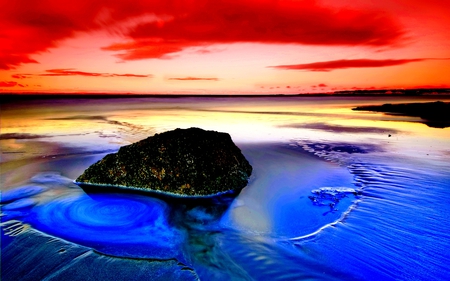 BEACH - beach, red sky, ocean, stone