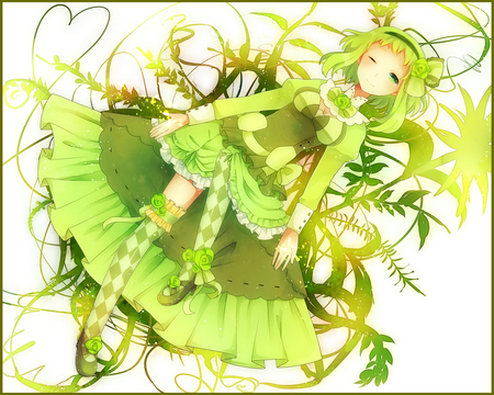 Gumi - gumi, vocaloid, anime, anime girl, dress, girl, wink