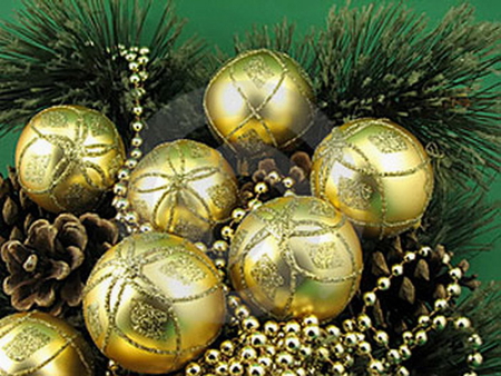 GOLD BULBS - pine, gold, cones, balls