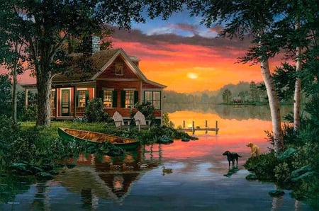 By Fred Swan - fred swan, sunset, nature, painting, lake, art, tree, cottage