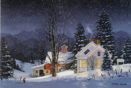 By Fred Swan - fred swan, winter, nature, painting, art, cottage