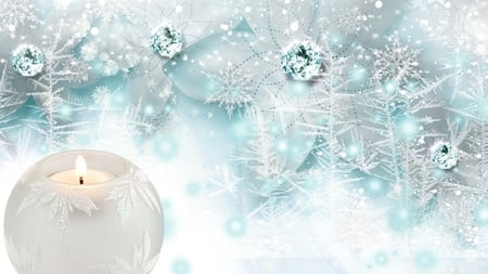 Delicate Winter - jewels, blue, snow, candle, light, firefox persona, flowers, christmas, ice, snowing, bright, frost, diamonds