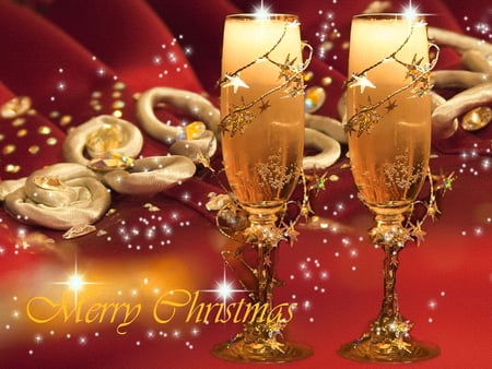 Merry Christmas - sparkles, wine, champagne, glasses, holiday, new year, red, lights, cookies, merry christmas