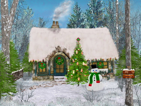 Christmas house - snowman, new year, fun, holiday, snowing, tree, christmas